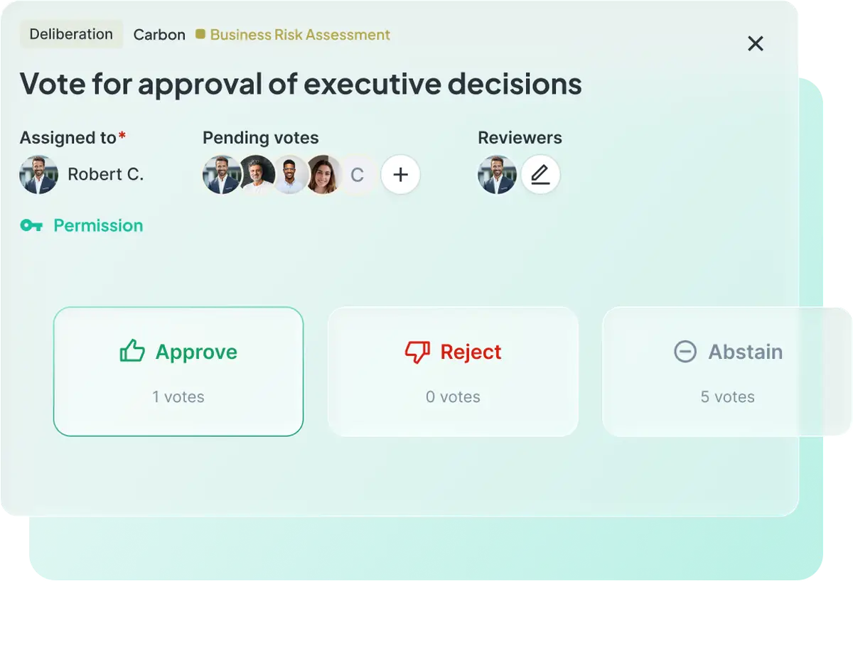 Atlas Gov deliberation interface showing a vote for approval of executive decisions with assigned voters, pending votes, reviewers, and Approve, Reject, and Abstain buttons.
