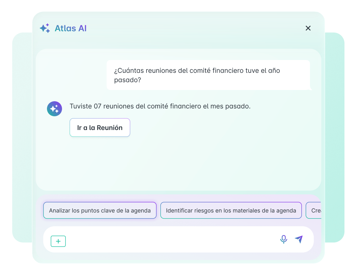 Chat con Atlas AI respondiendo cuántas reuniones del comité financiero hubo el año pasado, con resultado de 7 reuniones y acceso directo a la reunión desde la misma conversación.