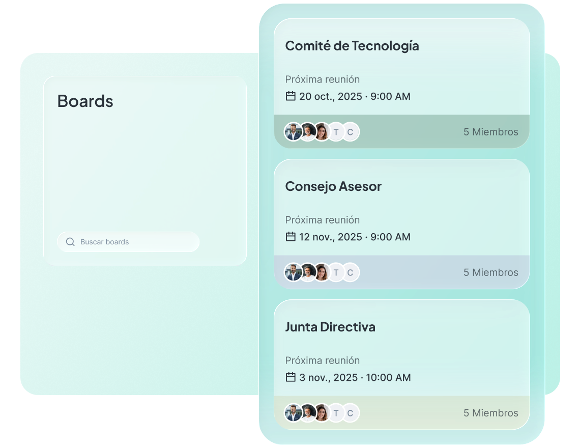 Vista de Boards en Atlas con tres órganos configurados —Comité de Tecnología, Consejo Asesor y Junta Directiva— cada uno con fecha de próxima reunión y lista de 5 miembros.