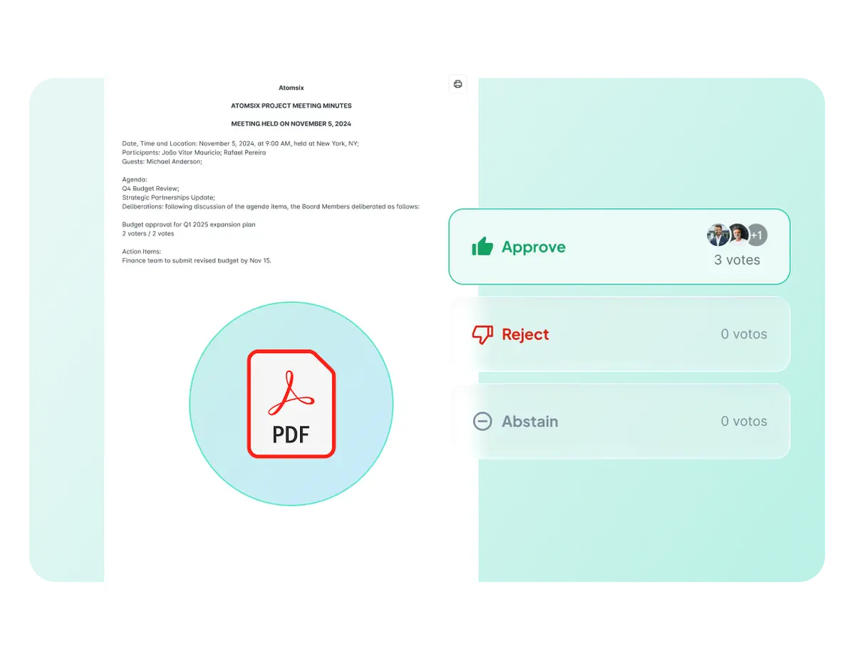 Atlas Gov minutes interface showing a generated meeting minutes PDF document alongside voting buttons for Approve, Reject, and Abstain.
