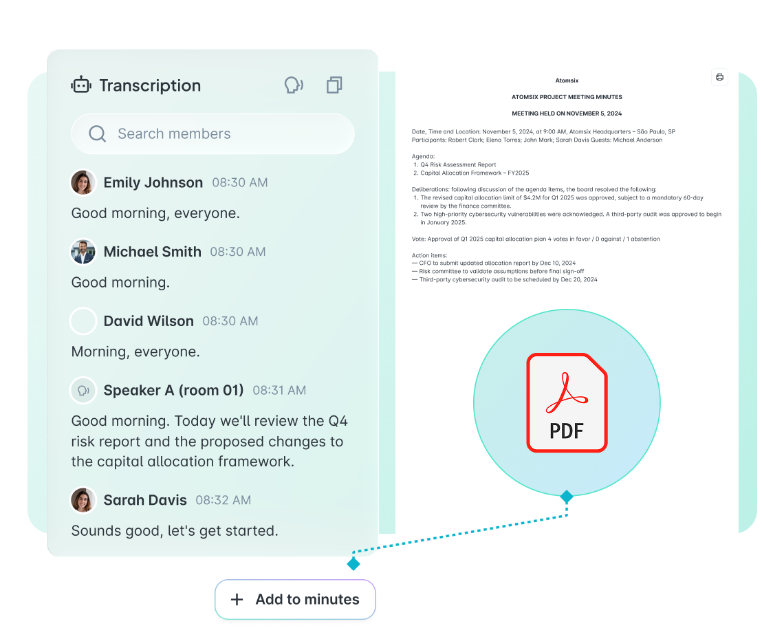 Atlas Gov transcription interface showing a real-time meeting transcript with speaker identification, timestamps, and an option to add content to minutes alongside a PDF document.