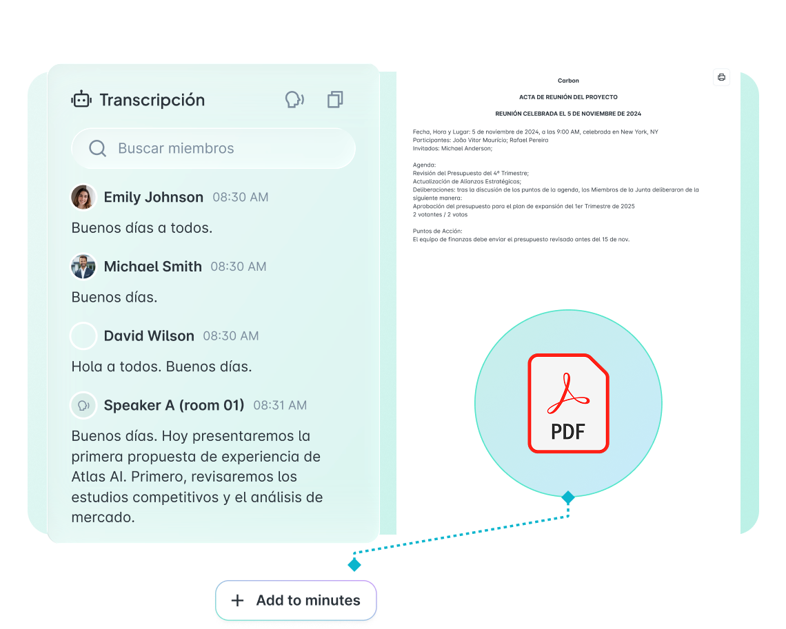 Transcripción automática de la reunión en Atlas junto al acta generada en PDF con agenda, deliberaciones y puntos de acción, con opción para agregar contenido al acta directamente desde la transcripción.