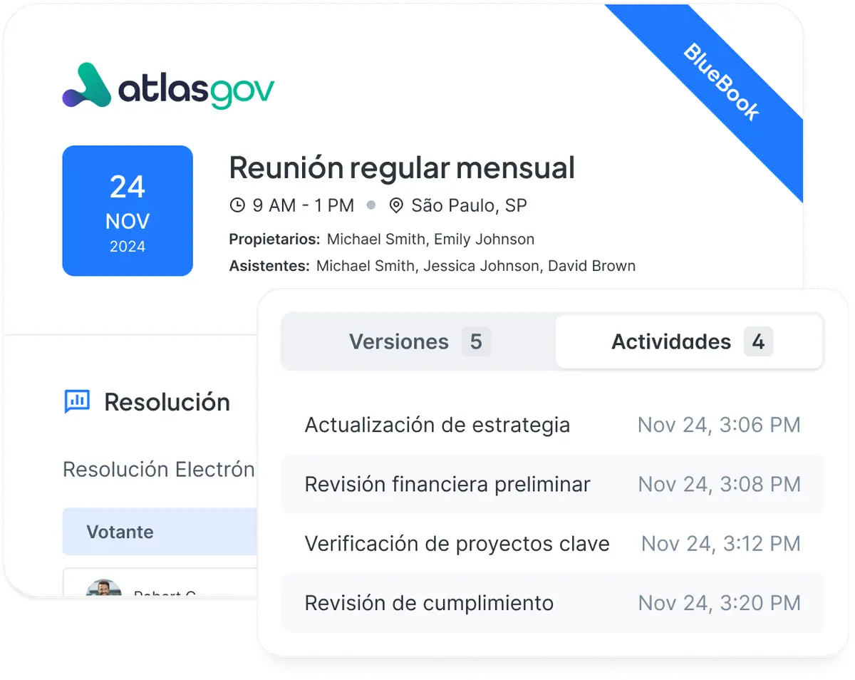 Portada del BlueBook de la Reunión Regular Mensual del 24 de noviembre de 2024 en Atlas, con sello BlueBook, datos de propietarios, asistentes y panel de versiones y actividades registradas.