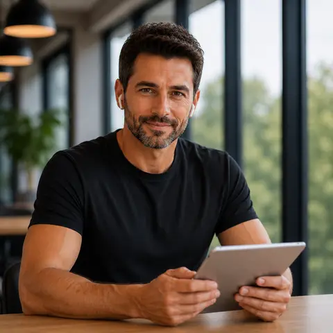 A board director in a navy suit sits at a table holding a tablet, with a slight smile