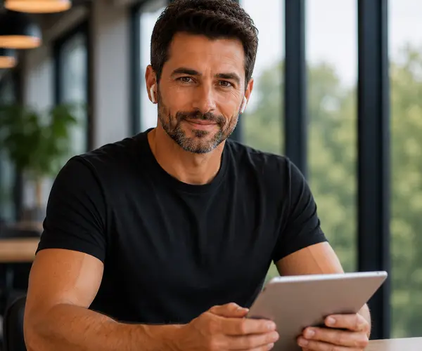 A board director in a navy suit sits at a table holding a tablet, with a slight smile