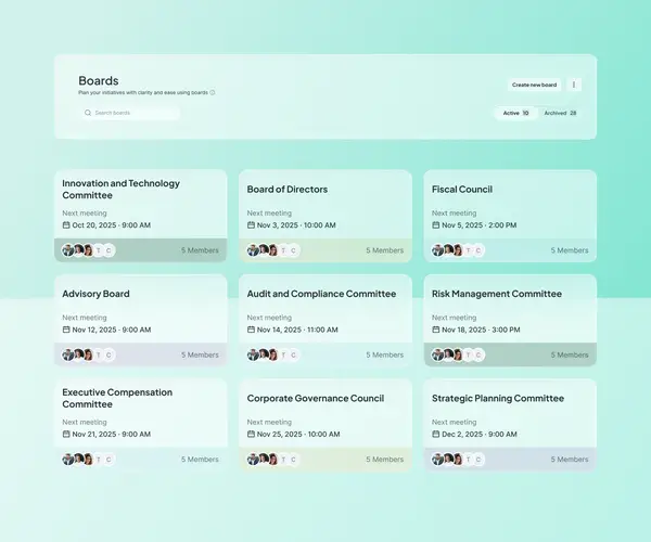 Atlas Gov Boards overview displaying nine separate councils and committees with individual meeting schedules, member avatars, and a search and filter bar.