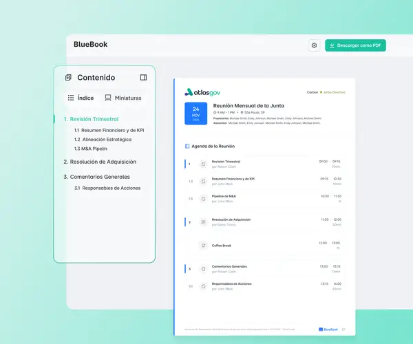 BlueBook con índice de contenido lateral navegable que muestra los puntos principales y subpuntos de la agenda, junto a la vista completa del documento con horarios y responsables por ítem.