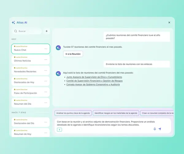 Conversación con Atlas AI mostrando consulta sobre reuniones del comité financiero, con respuesta que incluye lista de comités vinculados y campo de entrada para análisis detallado de agenda con archivos adjuntos.