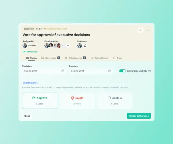 Atlas Gov deliberation detail view showing voting tabs, comments, attachments, voting report, start and due dates, and vote tally with Approve, Reject, and Abstain counts.