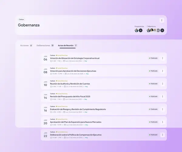 Vista del espacio de Gobernanza en Atlas con 7 actas de reunión publicadas de la Junta Directiva, incluyendo votaciones, auditorías y revisiones presupuestarias, todas con estado publicado y fechas registradas.