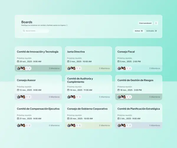 Directorio de Boards en Atlas con 10 boards activos y 28 archivados, mostrando 9 órganos con próximas reuniones programadas entre octubre y diciembre de 2025, con opción de crear nuevo board.