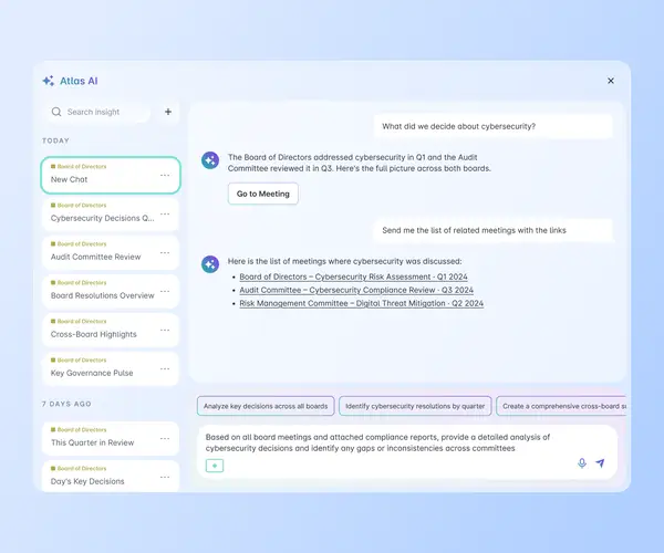 Atlas AI chat interface answering a cross-board question about cybersecurity decisions, showing cited responses with links to related meetings across multiple councils.