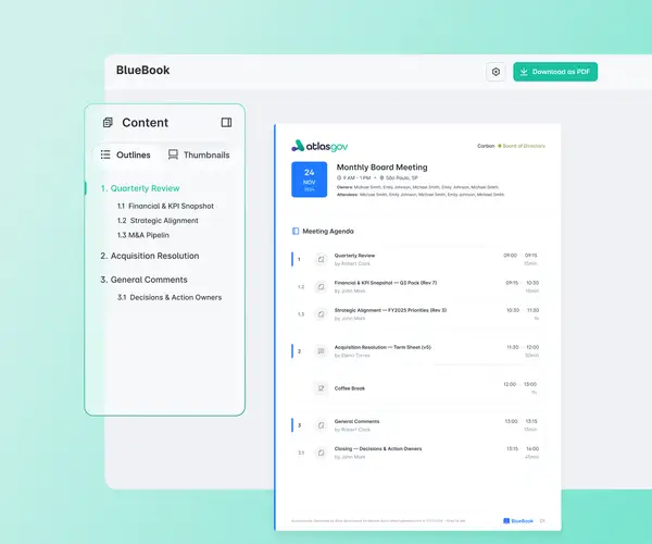 Atlas Gov Bluebook interface displaying an auto-generated table of contents alongside a meeting agenda with numbered items and time slots.
