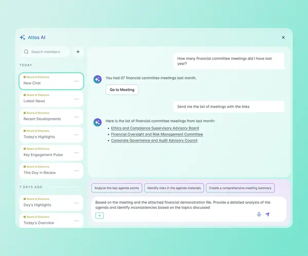 Atlas AI chat interface answering questions about financial committee meetings, listing related boards with links, and showing suggested prompt actions.