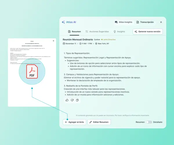 Atlas AI generando resumen del acta de la Reunión Mensual Ordinaria con puntos sobre tipos de representación, campos de validación y rediseño de perfil, con opciones para agregar al acta o editar el resumen.