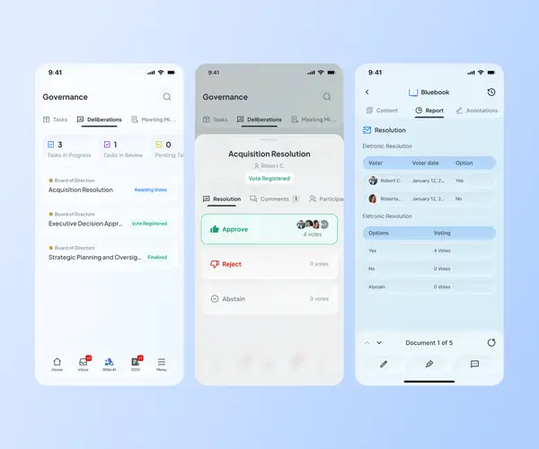 Three Atlas Gov mobile app screens showing the governance task list, a deliberation voting view, and a Bluebook resolution report with voting results.