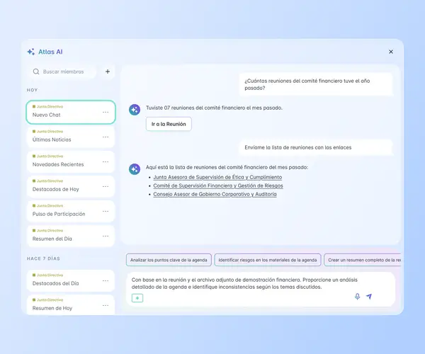 Atlas AI respondiendo consulta sobre reuniones del comité financiero con lista de tres comités vinculados, historial de conversaciones por órgano y campo para análisis detallado con archivos adjuntos.