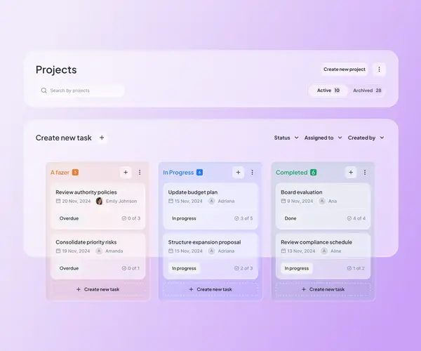 Atlas Gov Projects kanban board with To Do, In Progress, and Completed columns showing task cards with assignees, due dates, subtask progress, and status labels.