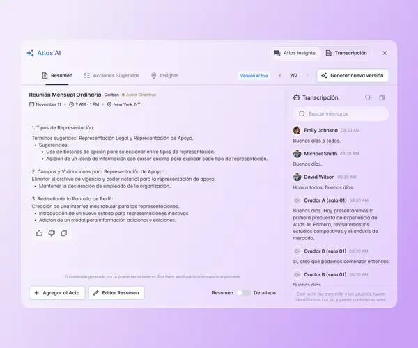 Atlas AI procesando dos consultas simultáneas: identificación de riesgos en 8 documentos de reunión y generación de resumen ejecutivo a partir de 32 páginas de transcripción.