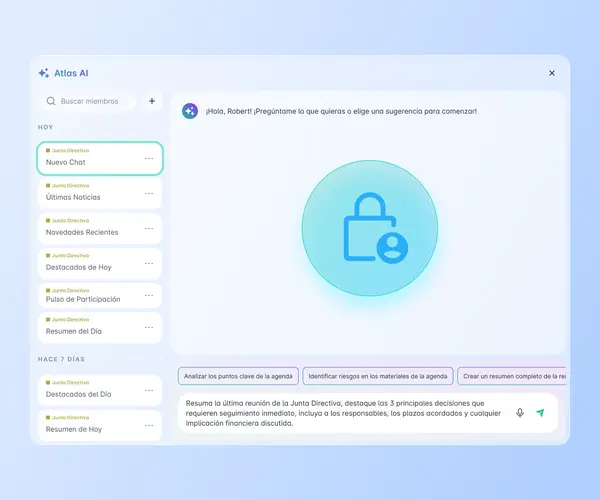 Interfaz de Atlas AI con ícono de candado que simboliza privacidad, mostrando sugerencias de consulta y un prompt sobre decisiones de la Junta Directiva, con historial de conversaciones por comité.