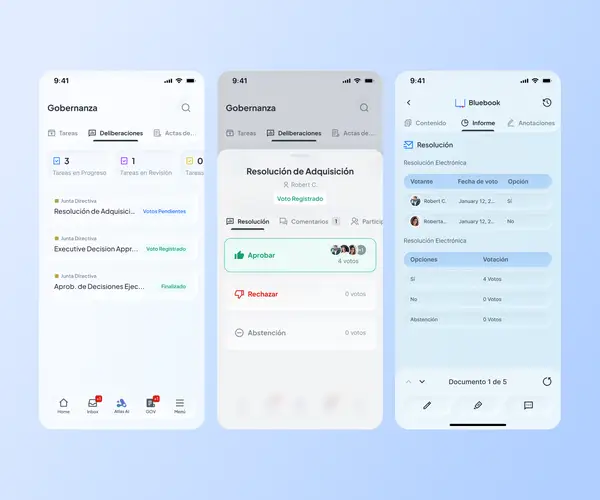 Tres pantallas del app móvil de Atlas mostrando el flujo completo de una deliberación: lista de resoluciones por estado, detalle de votación con 4 votos a favor y registro de resolución electrónica en el Bluebook.