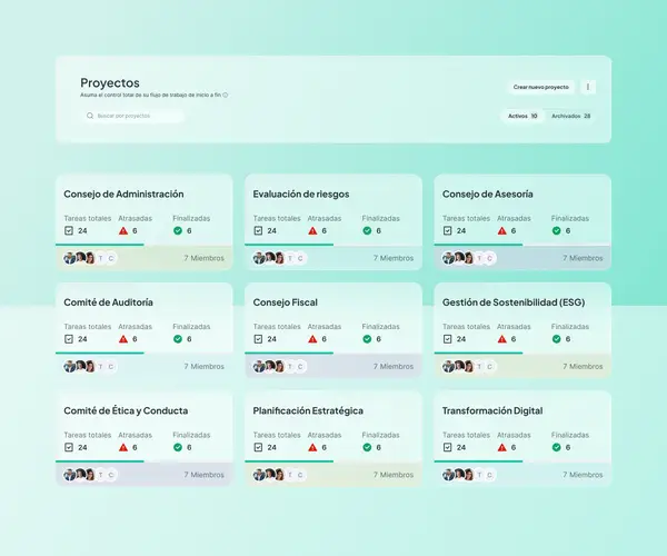 Directorio de Proyectos en Atlas con 9 proyectos activos de distintos comités y consejos, cada uno con conteo de tareas totales, atrasadas y finalizadas, y barra de progreso por equipo.