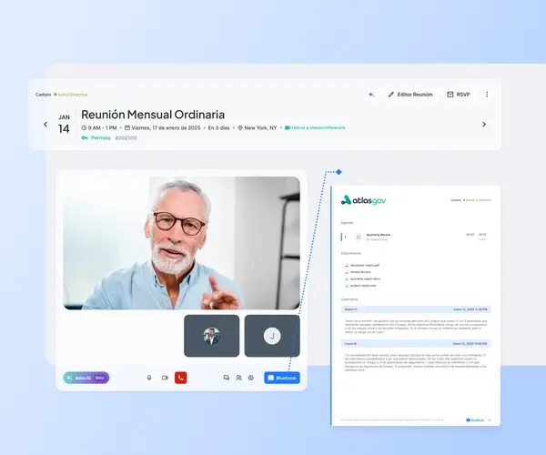 Vista previa del Bluebook generado automáticamente por Atlas AI para la Reunión Mensual Ordinaria, con agenda, archivos adjuntos y comentarios de participantes, visible antes del inicio de la reunión.