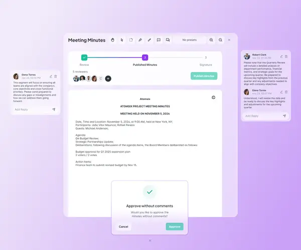 Atlas Gov meeting minutes review interface showing a published minutes document with reviewer comments, approval progress bar, and an approve without comments confirmation dialog.
