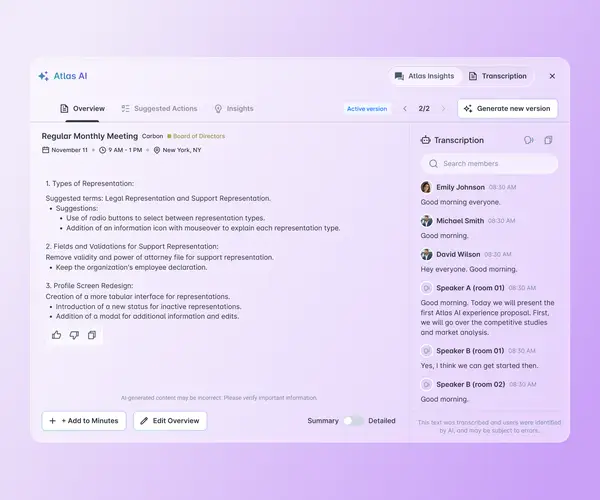 Atlas AI overview panel displaying AI-generated meeting notes with suggested actions alongside a real-time transcription feed with speaker identification.