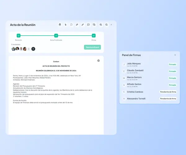 Acta de reunión en Atlas con flujo de tres pasos completado —revisión, publicación y firma— y Panel de Firmas lateral mostrando 4 miembros firmados y 2 pendientes de firma.
