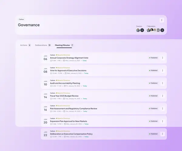 Atlas Gov governance dashboard displaying a list of meeting minutes with deliberation dates, board labels, and publication status for compliance documentation.
