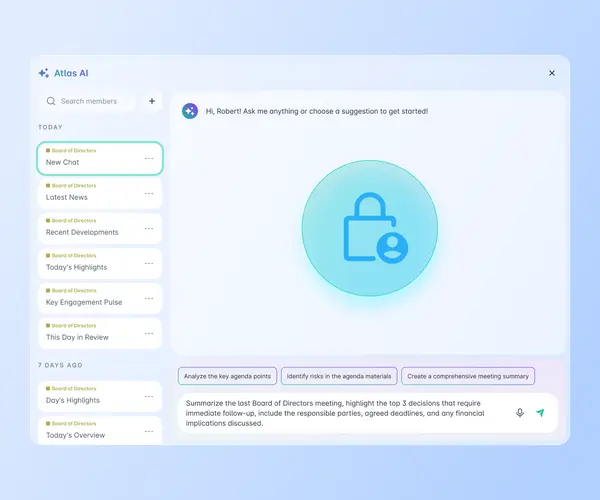 Atlas AI chat interface with a security lock icon, conversation history sidebar, suggested prompt chips, and a text input field, emphasizing data confidentiality.