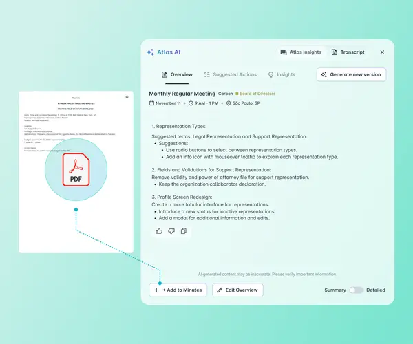 Atlas AI minutes generator interface displaying an auto-drafted meeting overview with suggested actions, insights tabs, and options to add content to minutes or generate a new version.