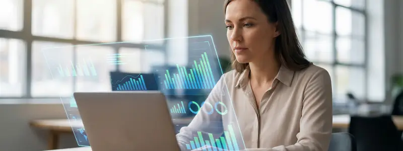 profissionais analisam uma fatura exibida em um monitor, com uma delas apontando para a tela em um ambiente de escritório moderno.