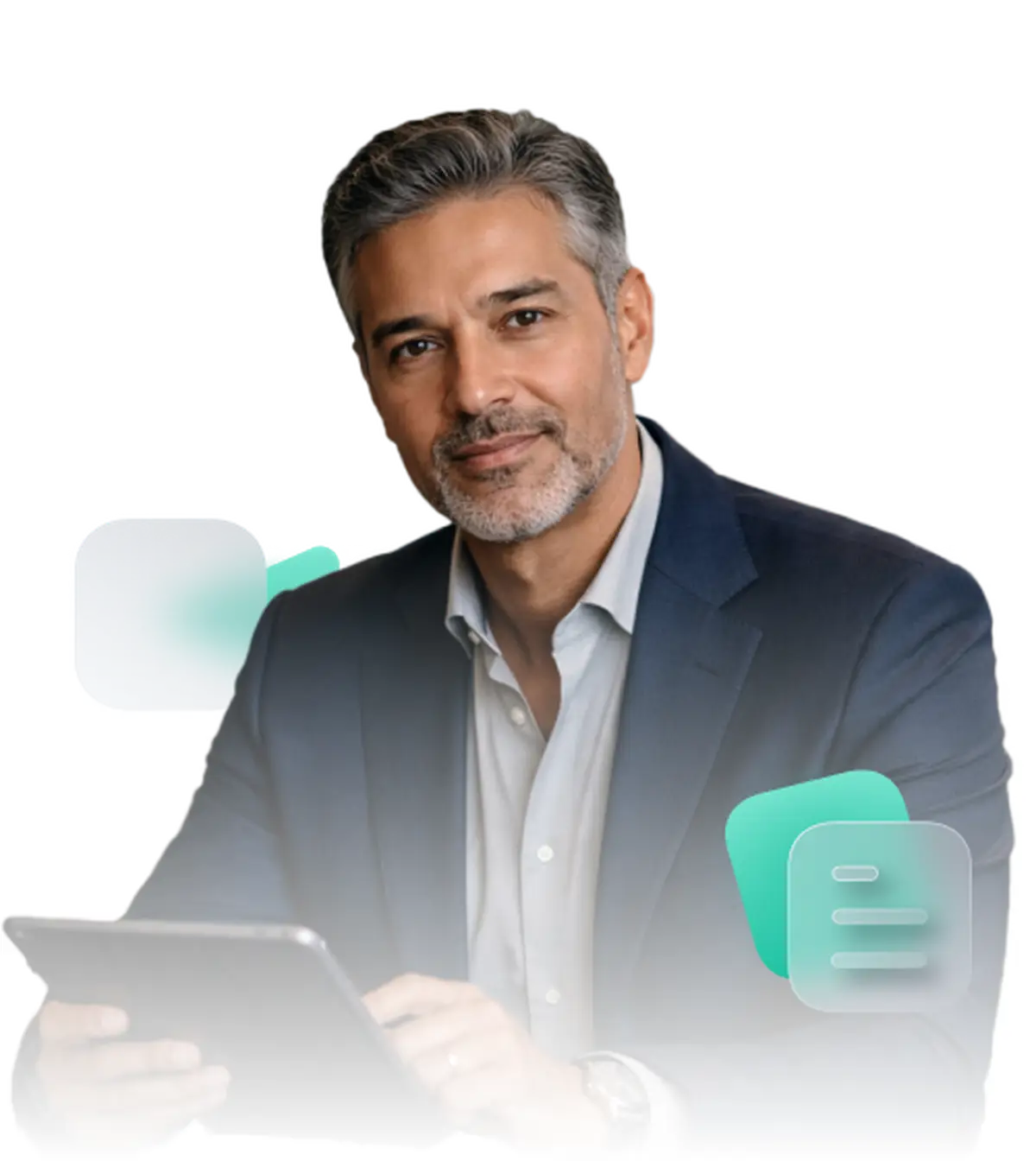 Executivo segurando um tablet, com ícones de governança ao lado representando materiais e reuniões do conselho.