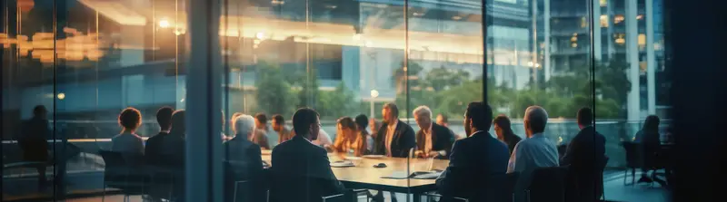 Reunião de negócios em escritório corporativo com profissionais discutindo ao redor de uma mesa