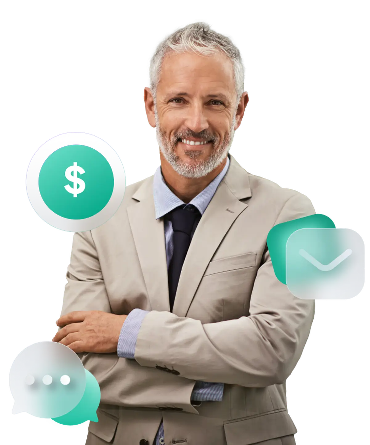 Executivo sorrindo, com ícones de cifrão, mensagem e governança representando o setor financeiro.