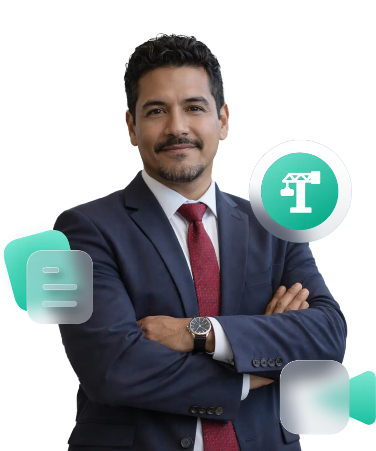 Executivo de braços cruzados com ícones de governança e de guindaste de construção ao lado.