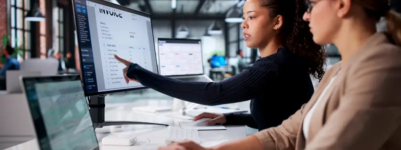 Mulher trabalhando em um laptop em um escritório iluminado, com gráficos e dashboards holográficos projetados à frente da tela.