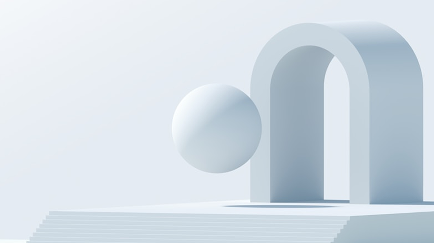 Minimalist 3D scene with a large arch, floating sphere, and stepped platform, all in shades of white and light gray.