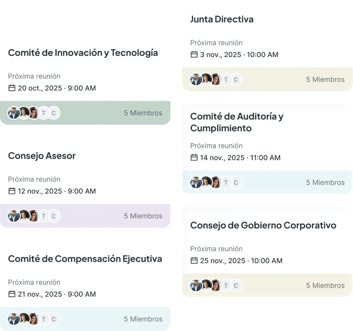 Sección de encabezado del producto que muestra tarjetas de consejos y comités (Comité de Innovación y Tecnología, Consejo Asesor, Consejo Fiscal y Consejo de Administración) con información de próxima reunión el 20 de octubre de 2024 a las 9:00, avatares de miembros y conteo de 7 miembros en cada consejo.