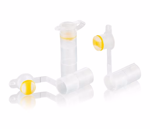 Three clear plastic laboratory tubes with yellow caps, one standing open and two lying closed, reflected on a white surface.