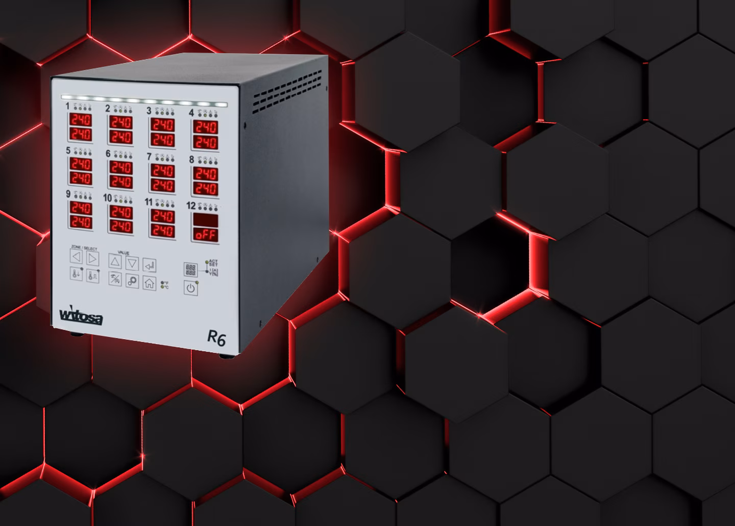 A digital control panel with red LED displays is set against a black hexagonal pattern background with red lighting accents.