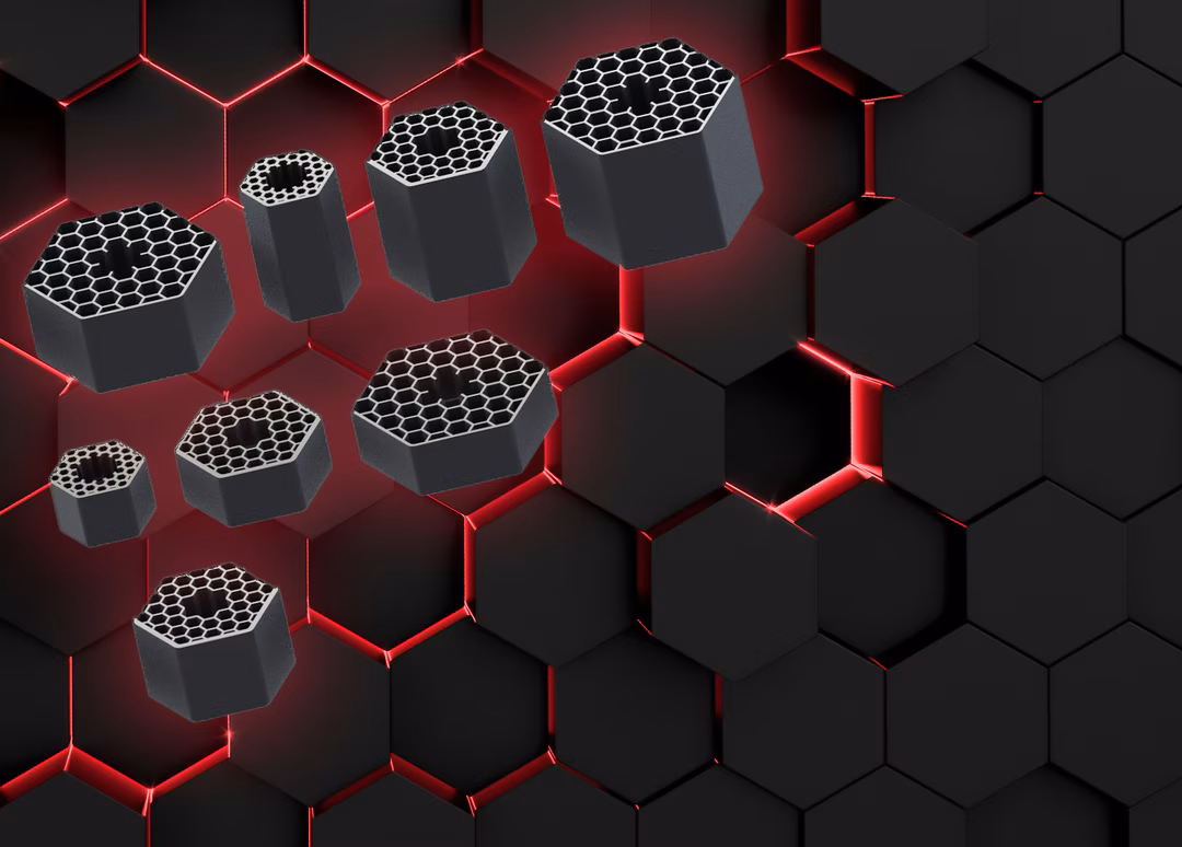Hexagonal carbon structures with honeycomb interiors levitate over a black hexagonal surface with glowing red edges.