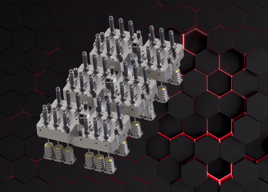 A cluster of metallic, industrial components with cylindrical rods, arranged on a hexagonal black and red background.