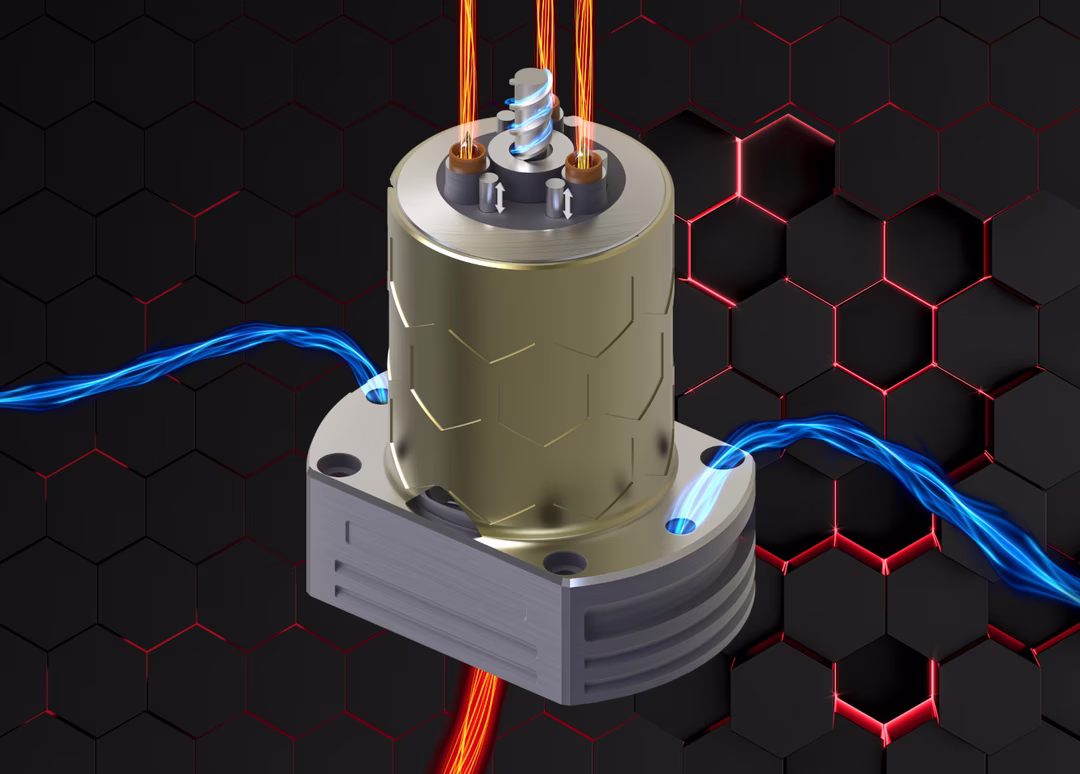 A futuristic device with glowing orange and blue wires on a black hexagonal-patterned background with red accents.