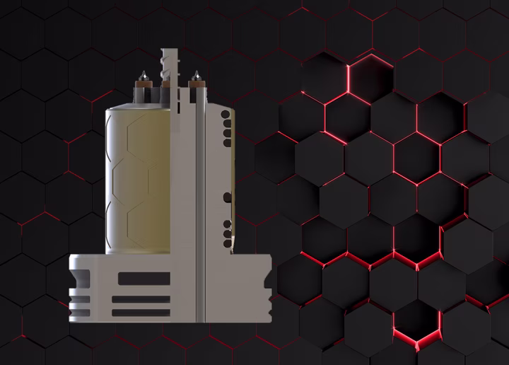 A futuristic, industrial device against a black hexagonal wall with red glowing accents.