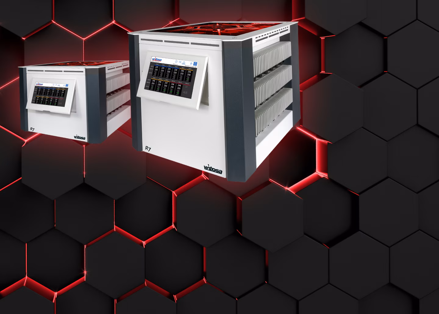 Two retro computers with visible switches and vents on a black and red hexagonal background.