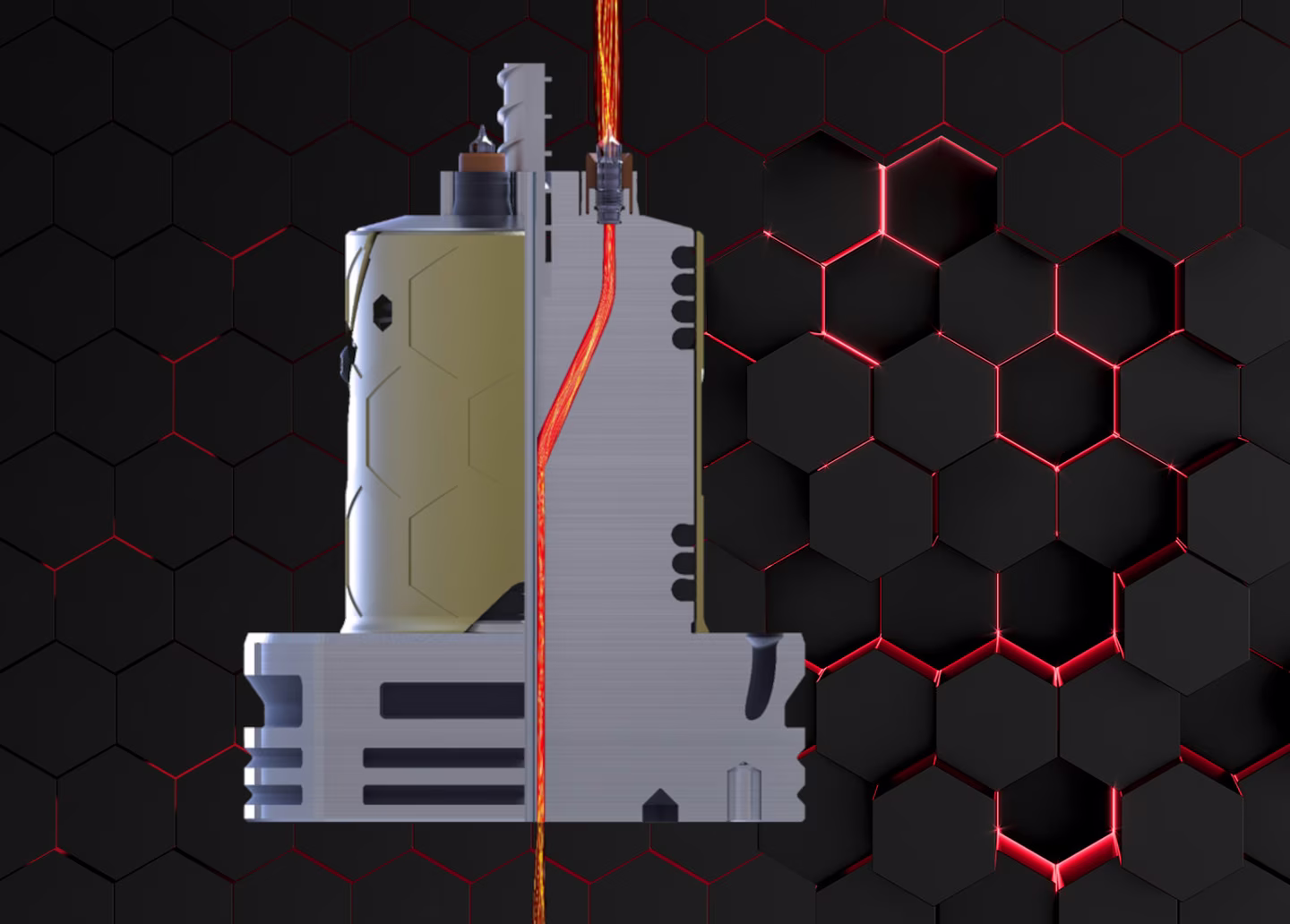 A robotic device with a metallic body on a black hexagonal grid background with red lighting accents.