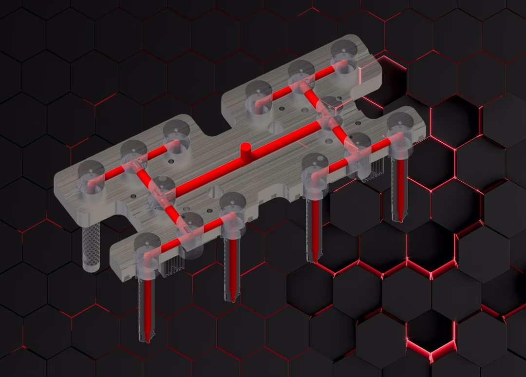 A 3D rendering of a transparent mechanical component with red internal pathways, set against a dark hexagonal background with red highlights.